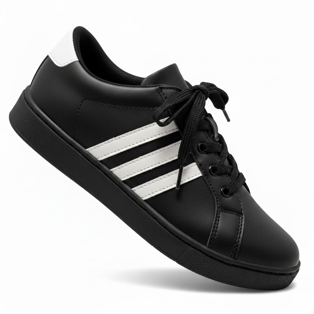 Black Sneakers with White Stripes – Casual & Athletic Comfort Shoes