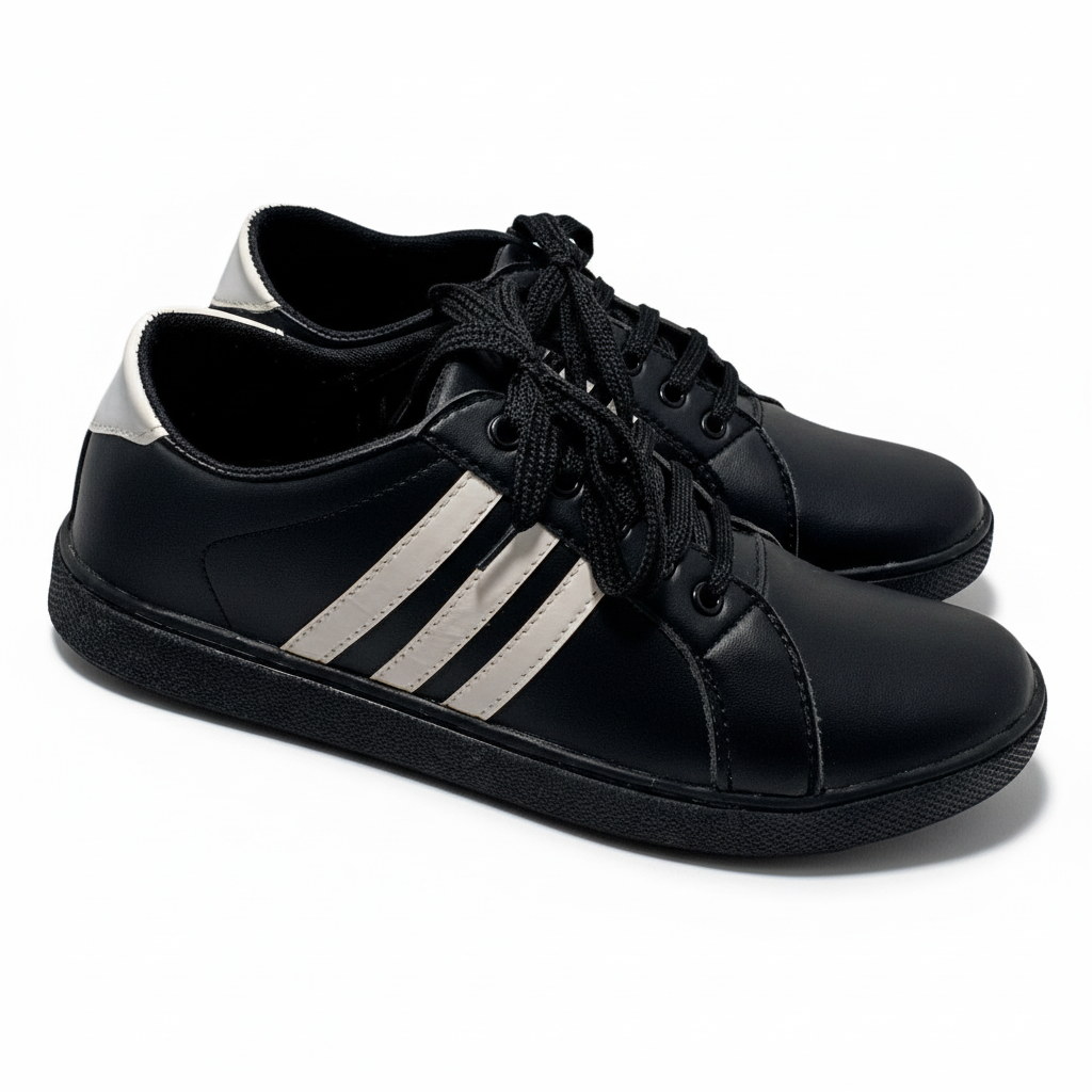 Black Sneakers with White Stripes – Casual & Athletic Comfort Shoes
