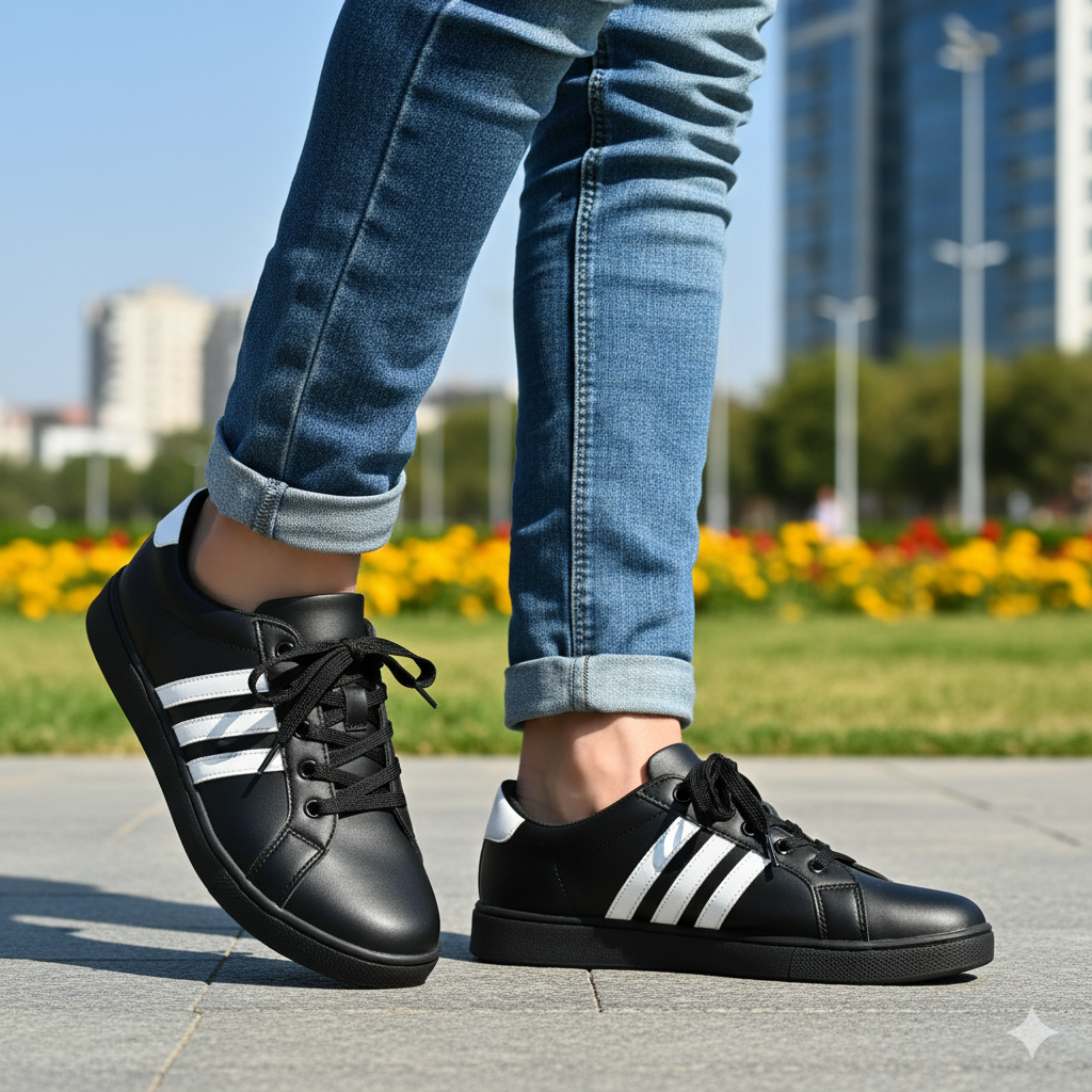 Black Sneakers with White Stripes – Casual & Athletic Comfort Shoes