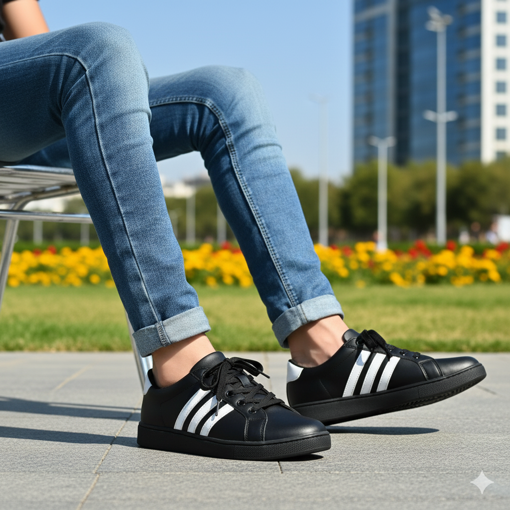 Black Sneakers with White Stripes – Casual & Athletic Comfort Shoes