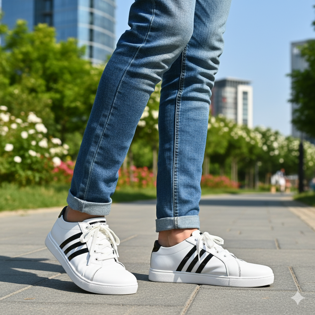White & Black Stripe Casual Sneaker – Unisex Stylish Everyday Shoes