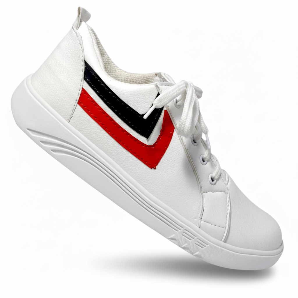 Off White Sneaker with Red & Black Stripes – Unisex Casual Everyday Shoes