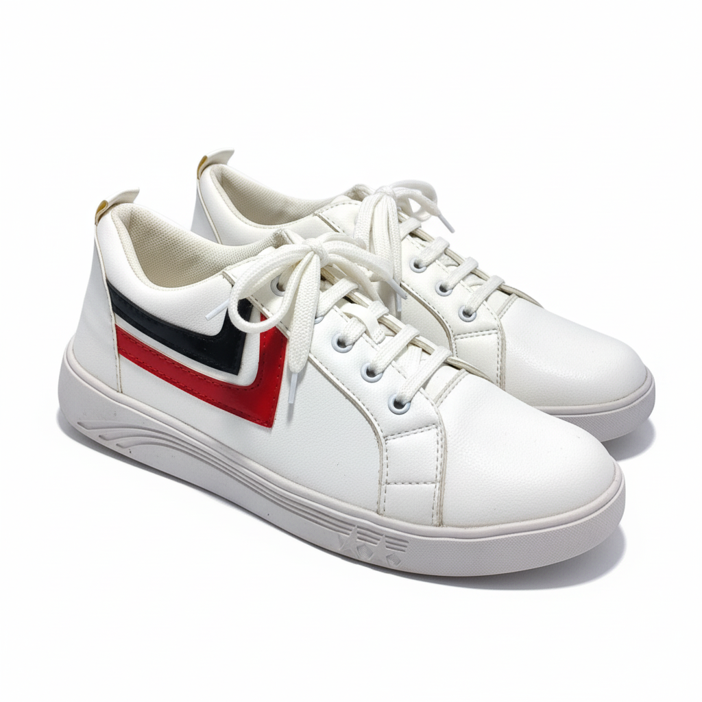 Off White Sneaker with Red & Black Stripes – Unisex Casual Everyday Shoes