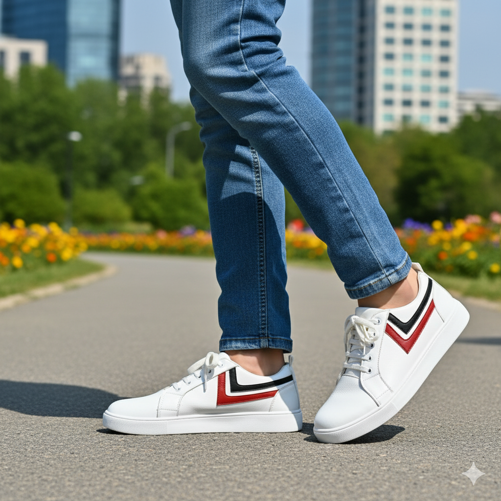 White sneakers with red and black stripes worn with blue jeans on a city street.