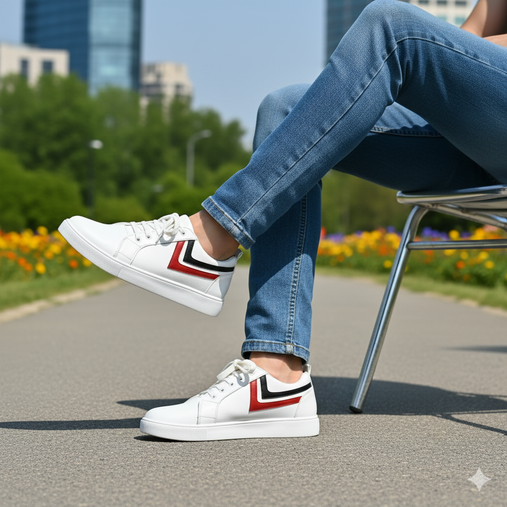 Off White Sneaker with Red & Black Stripes – Unisex Casual Everyday Shoes