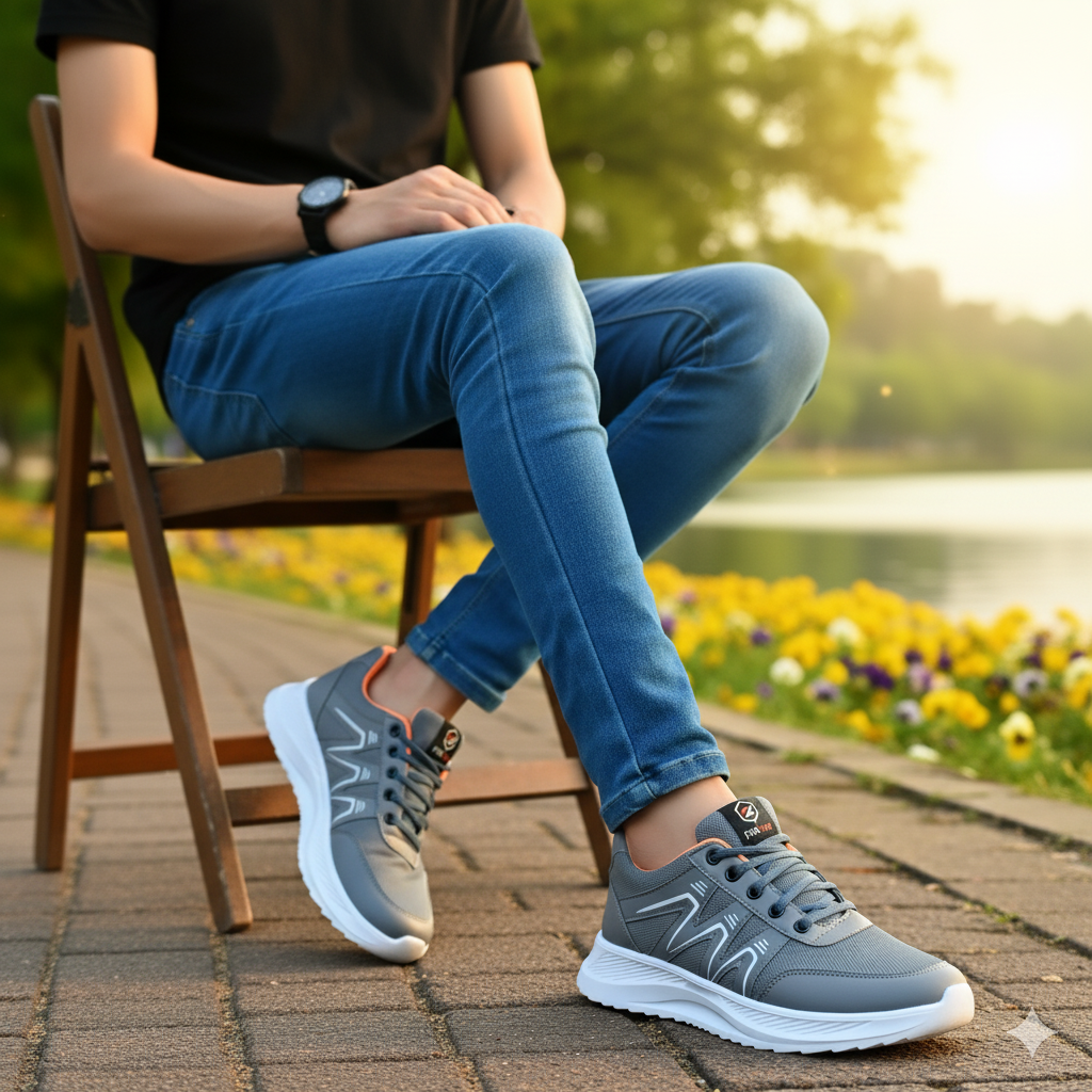 Super Zig Zag Men’s Non-Slip Running Sneakers — Grey Lightweight Joggers for Boys & Men.