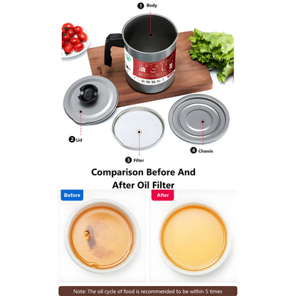 Stainless Steel 1.4L Oil Strainer Pot with Filter & Thick Chassis